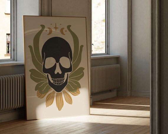 Boho Skull With Olive Leaves And Golden Moon Botanical Wall Art