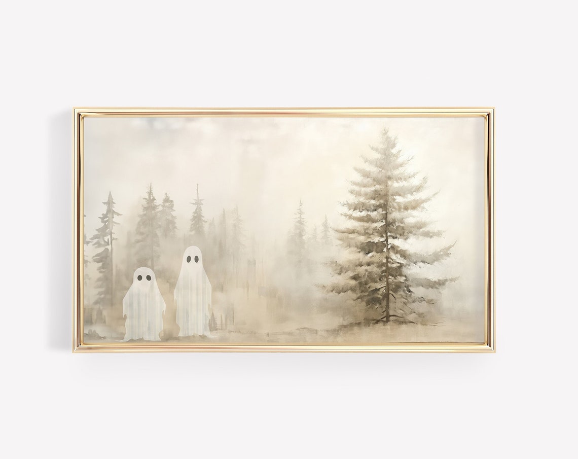 Cute Ghosts Misty Pine Forest Foggy Fall Halloween Painting Wall Art