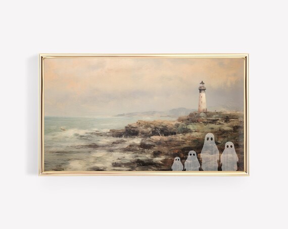 Spooky Ghost Family Coastal Lighthouse Rocky Shore Halloween Wall Art