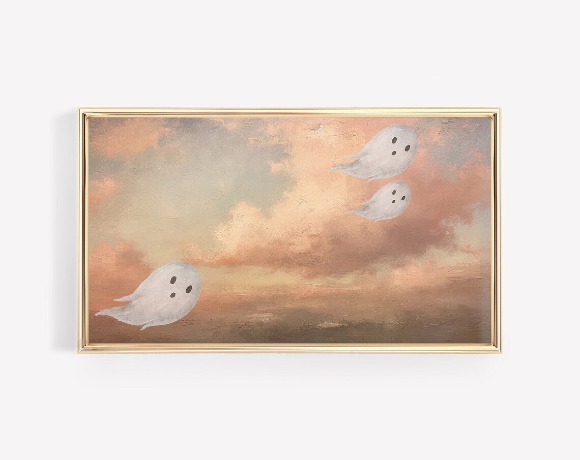 Cute Ghosts Cloudy Pink Sky Halloween Spooky Season Whimsical Art Poster