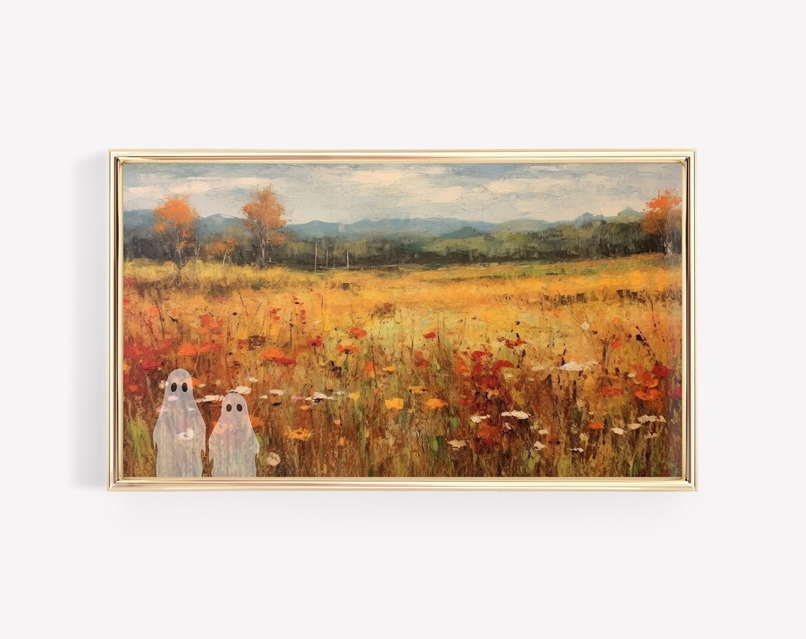 Cute Ghosts Autumn Wildflower Field Halloween Decor Spooky Wall Art