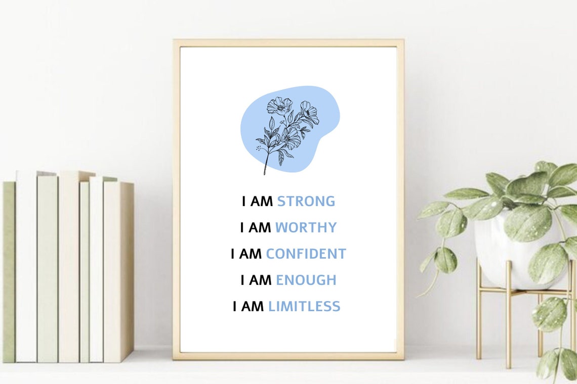 I Am Strong Worthy Confident Enough Limitless Blue Affirmations Poster - Image 2