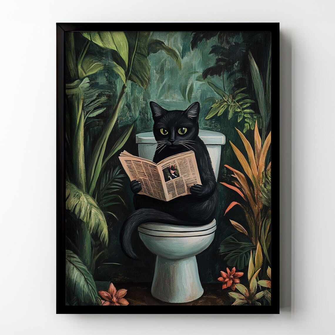Black Cat on Toilet Reading Newspaper Moody Green Jungle Poster