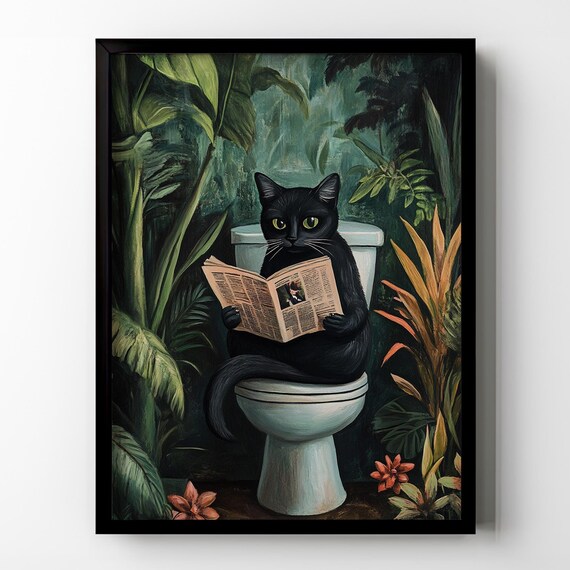 Black Cat on Toilet Reading Newspaper Moody Green Jungle Poster