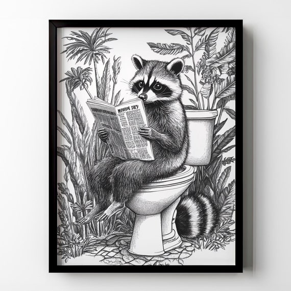 Raccoon Toilet Bathroom Wall Decor Funny Raccoon Wall Art Vintage Animal Botanical Toilet Restroom
