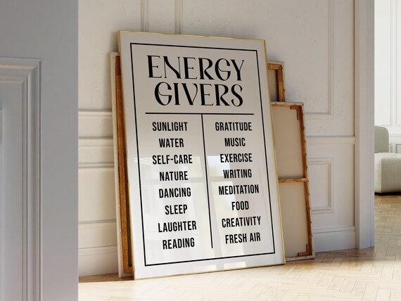 Energy Givers Minimal Black White Wellness Self Care List Poster