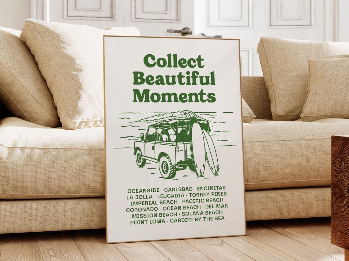 Coastal Aesthetic Wall Art Surfer Girl Art Print Retro Green Wall Art San Diego Beach Towns Print Coastal Granddaughter Print - Image 3