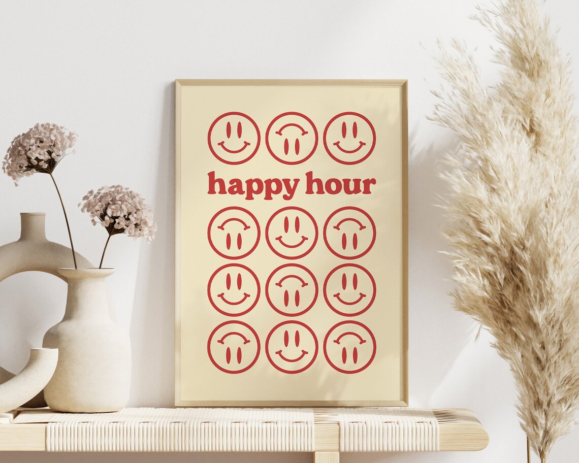 Cheerful Happy Hour Red Smiley Face Retro Cocktail Bar Wall Poster - Image 2
