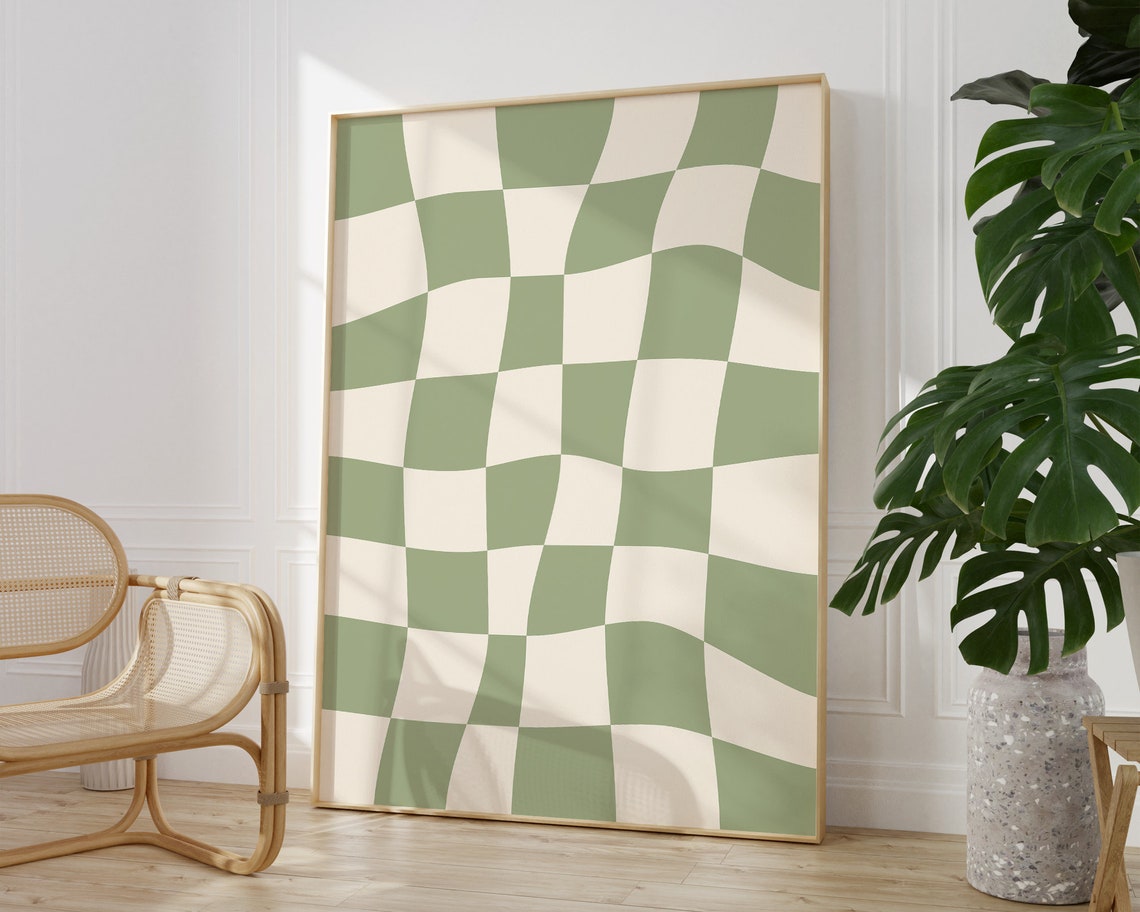 Sage Green Wavy Checkered Retro Abstract Checkerboard Poster - Image 2