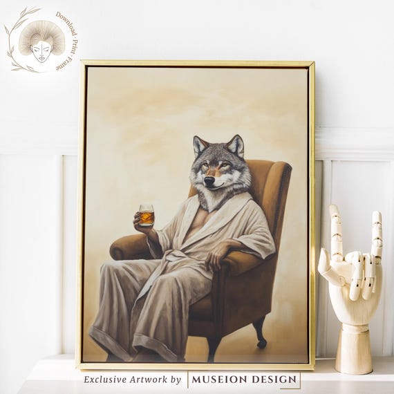 Elegant Wolf In Bathrobe Art Print Funny Animal Portrait