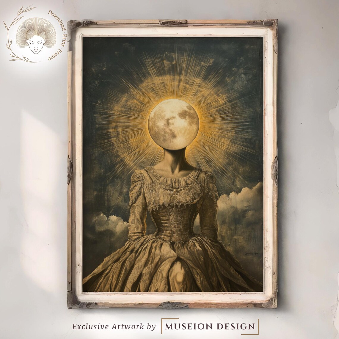 Moon Goddess Radiant Full Moon Head Victorian Gown Celestial Poster