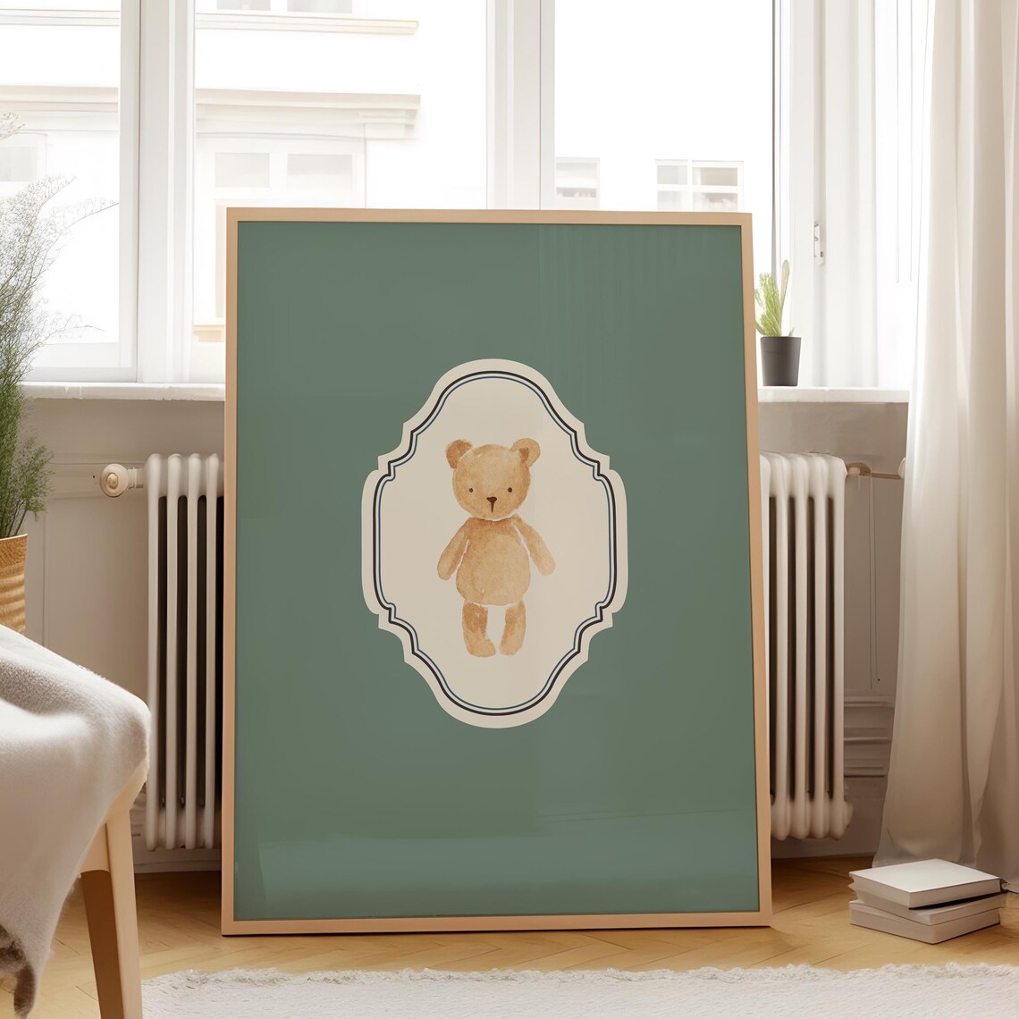 Sweet Watercolor Teddy Bear Sage Green Ornate Vertical Nursery Poster