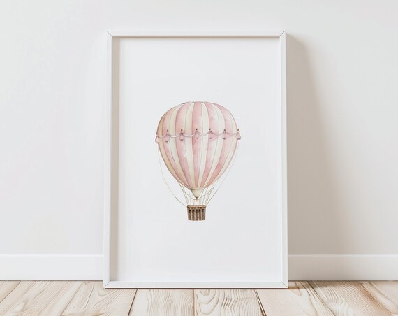 Pink Striped Vintage Hot Air Balloon Watercolor Nursery Print