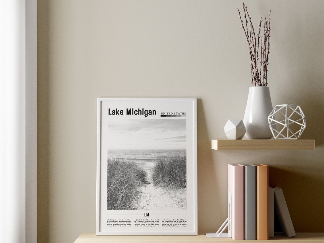 Lake Michigan Poster Black And White Lake Michigan Print Black And White Lake Michigan Wall Art Minimal Travel Print Travel Poster - Image 3