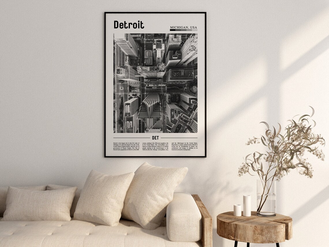 Detroit Black And White Minimal Travel Poster - Image 2