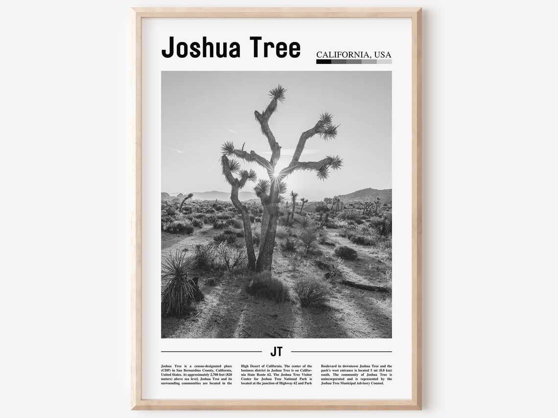 Joshua Tree Travel Poster, Minimal Black And White