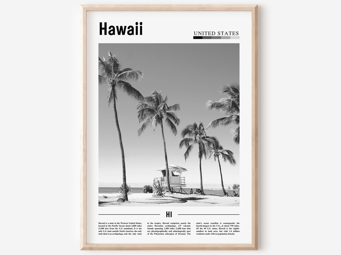 Hawaii Travel Poster, Minimal Black And White