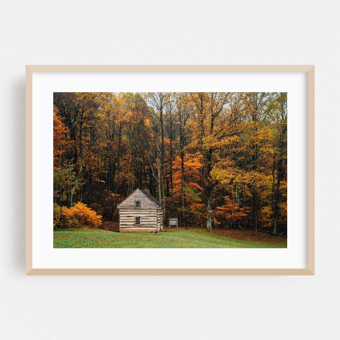 Lonely Log Cabin in Autumn Woods Fall Foliage Landscape Poster