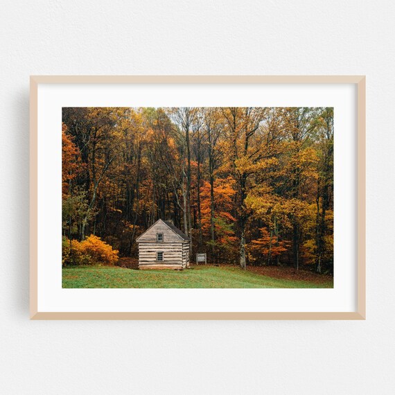 Lonely Log Cabin in Autumn Woods Fall Foliage Landscape Poster