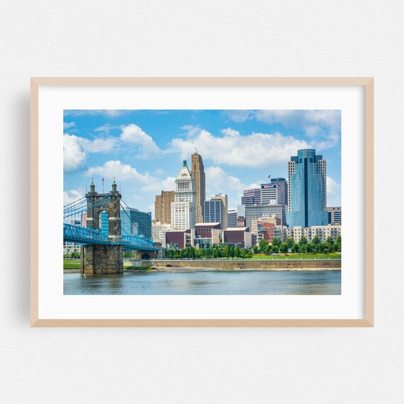 Cincinnati Ohio Skyline Roebling Bridge Riverfront Daytime Photo Poster