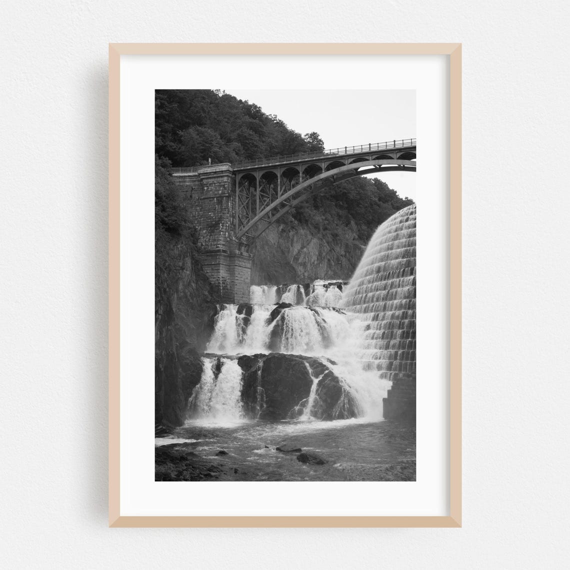 Waterfall Dam and Stone Arch Bridge Black and White Photo Poster