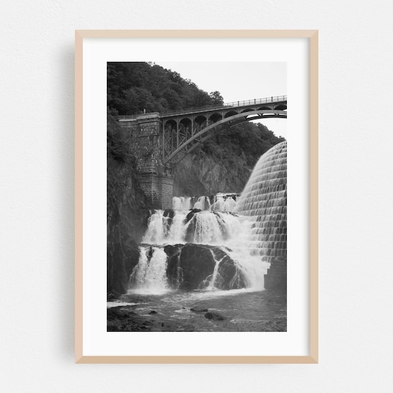 Waterfall Dam and Stone Arch Bridge Black and White Photo Poster