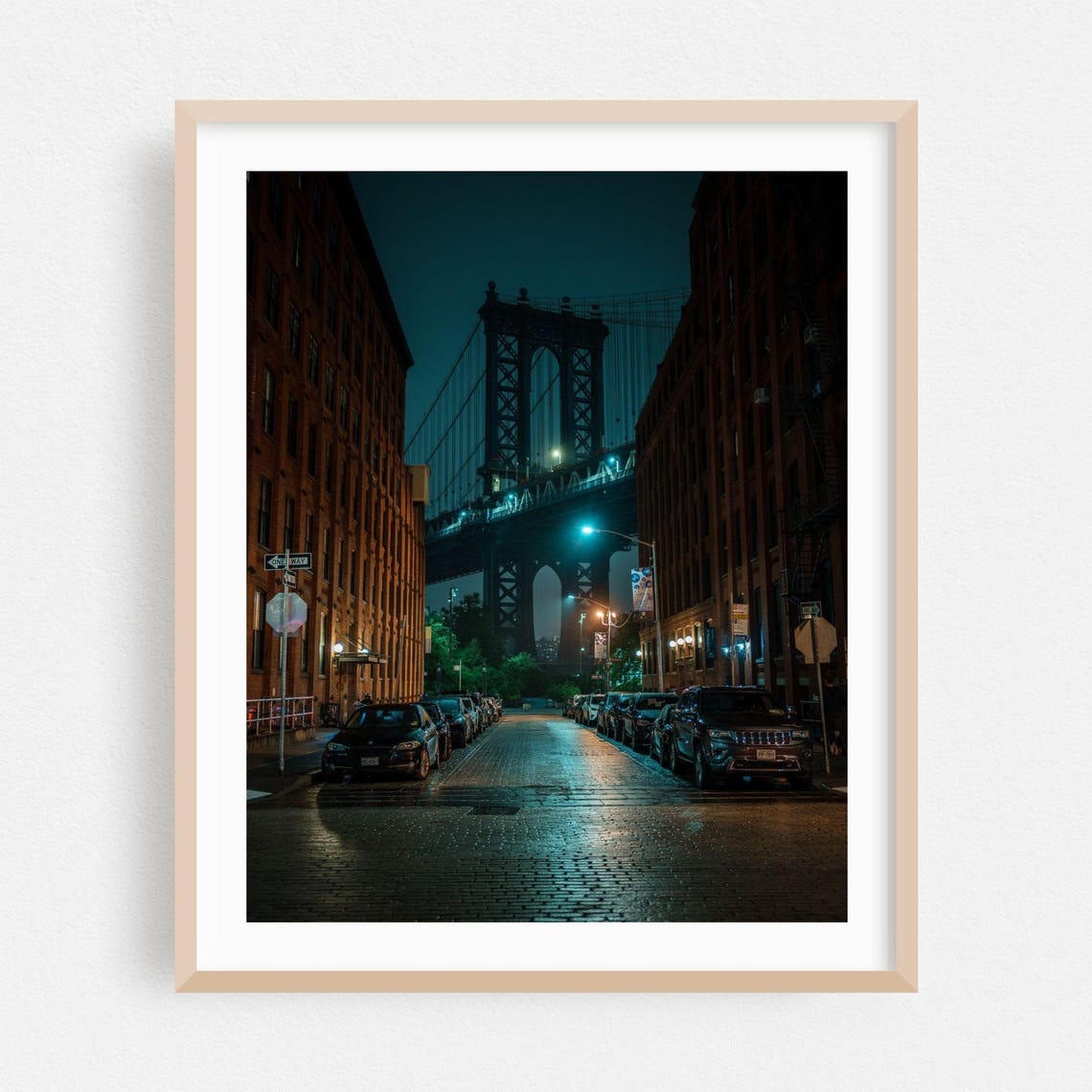 Brooklyn Manhattan Bridge At Night Moody Cobblestone Photo Poster