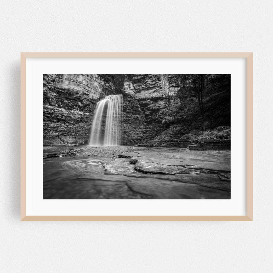 Black and White Waterfall Cascading Through Rocky Gorge Photo Poster