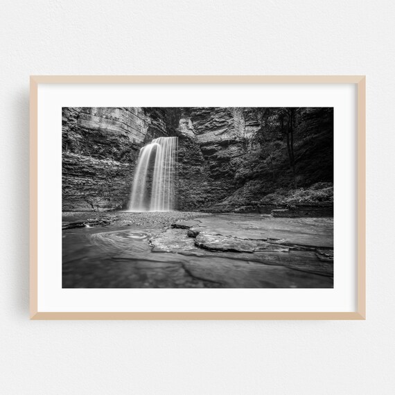 Black and White Waterfall Cascading Through Rocky Gorge Photo Poster