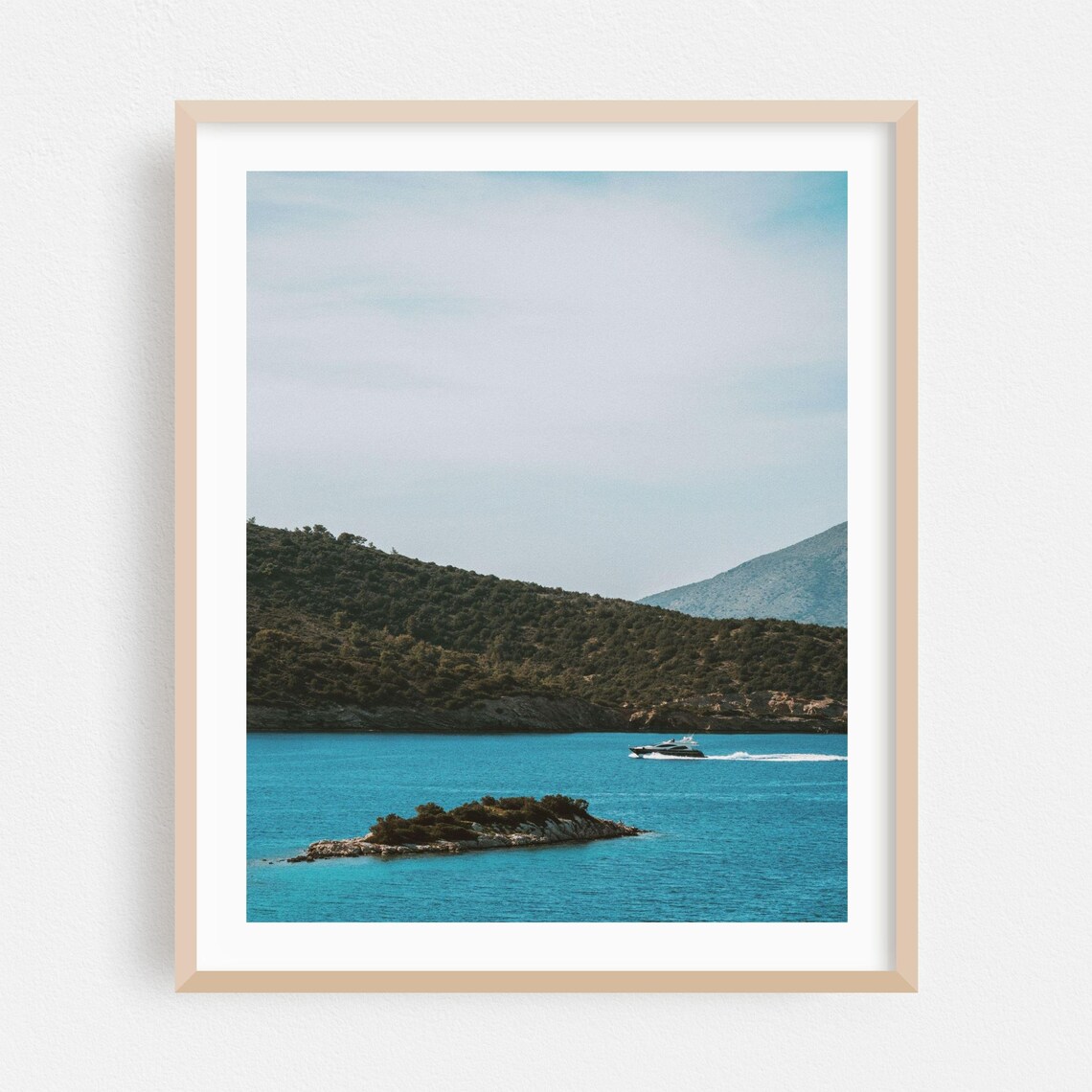 Poros Greece Turquoise Bay Yacht Rocky Islet Seascape Poster