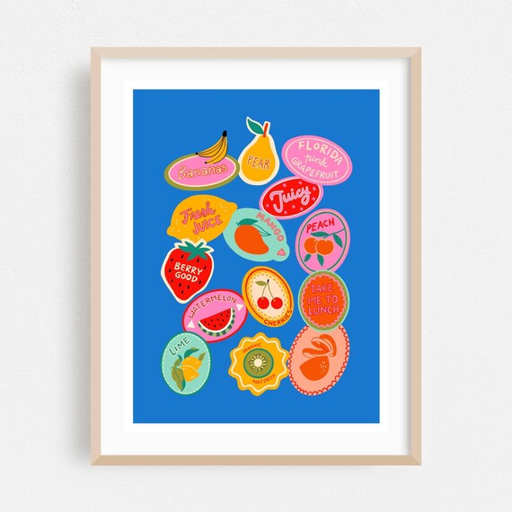 Colorful Vintage Fruit Stickers Retro Kitchen Pop Art Poster