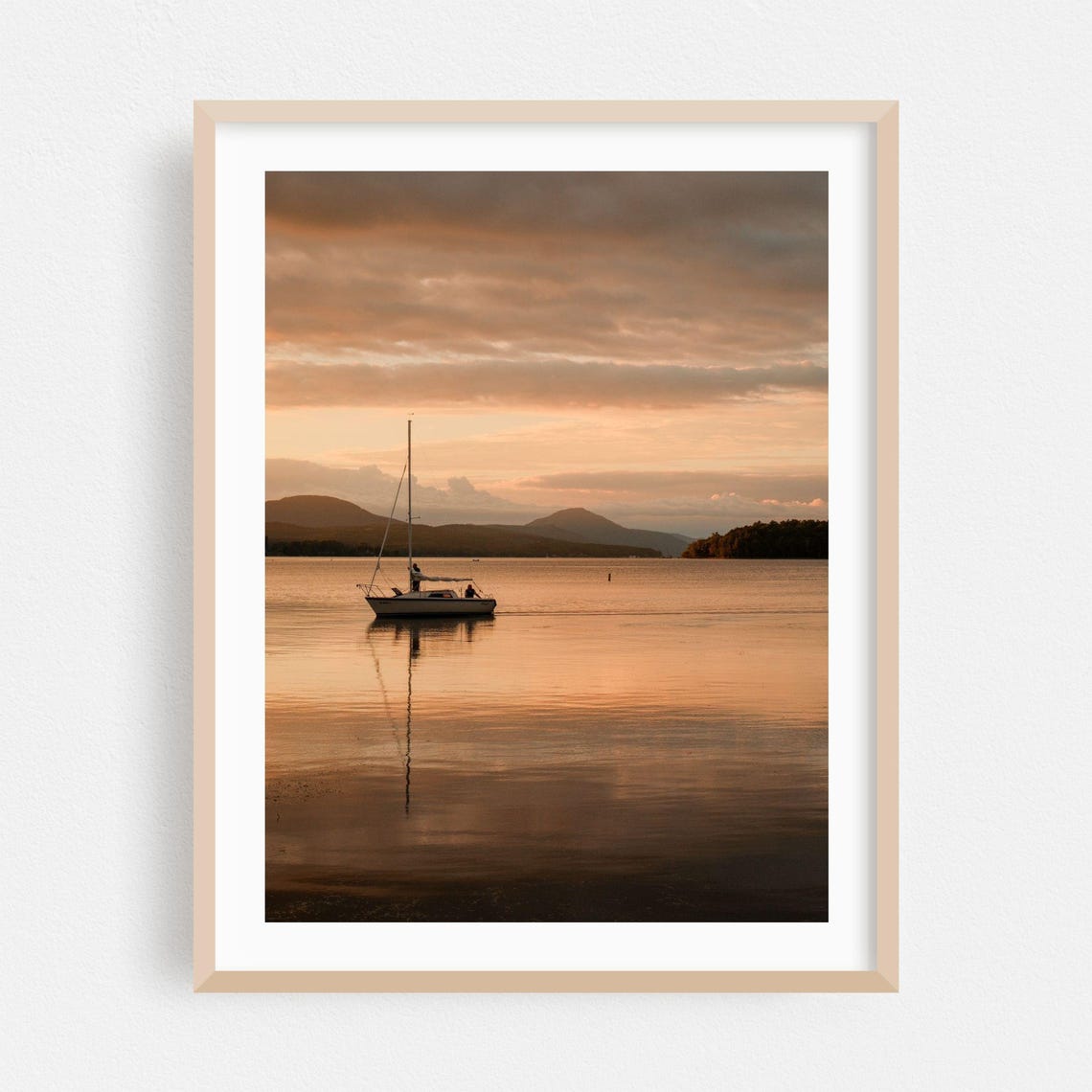 Sailboat At Sunset On Calm Lake With Mountain Silhouettes Poster