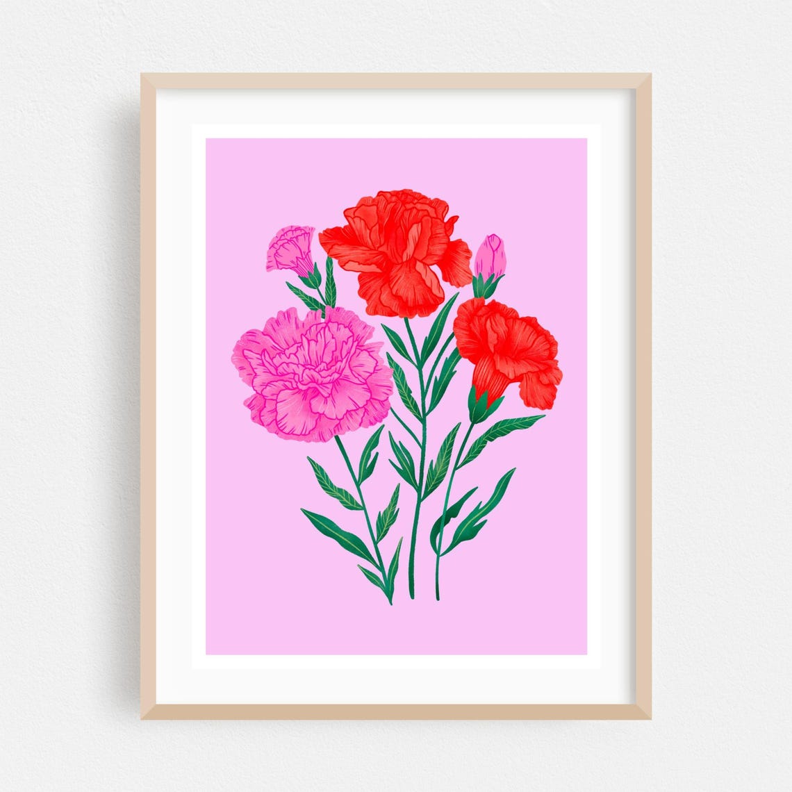 Pink Carnation Bouquet on Blush Modern Floral Illustration Poster