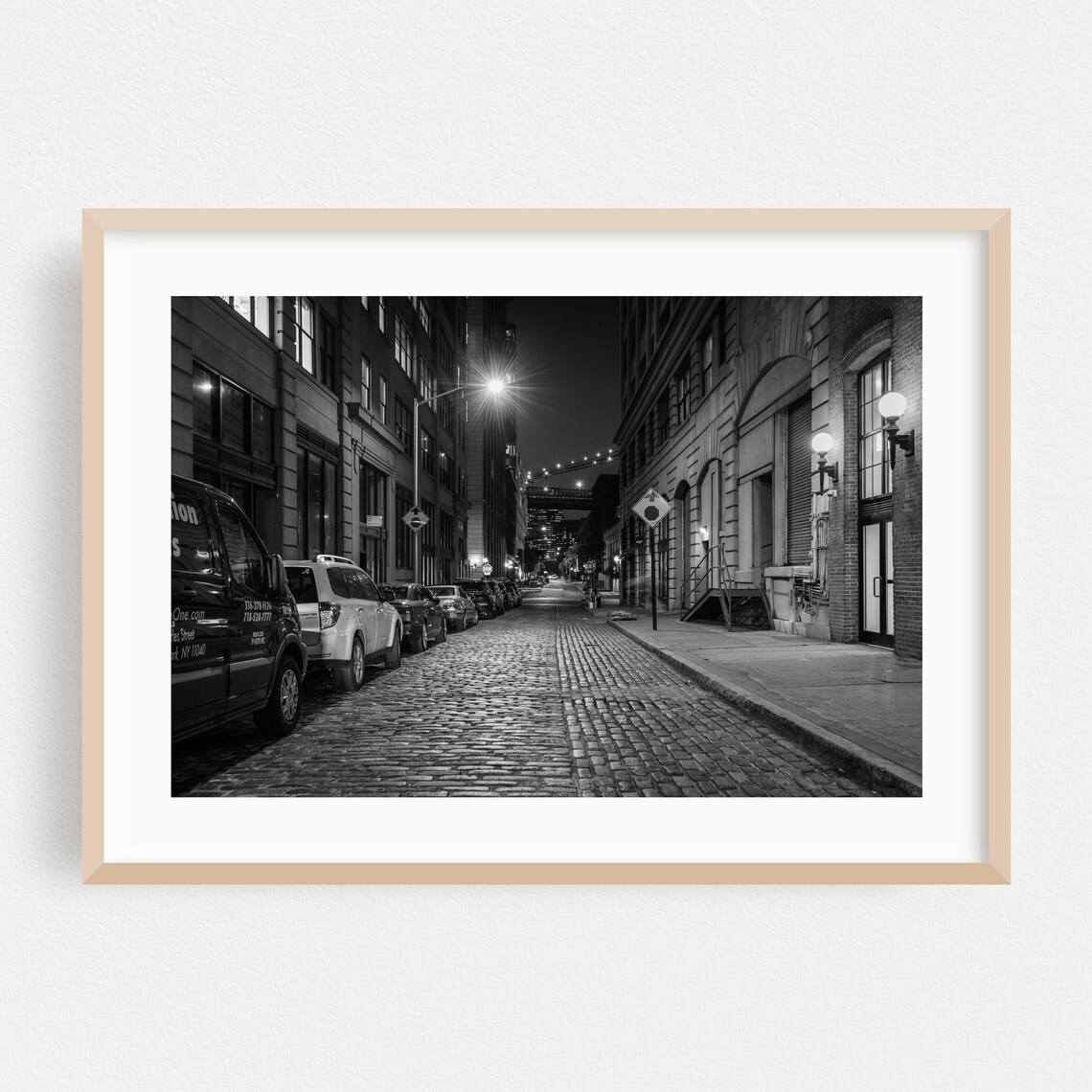 Brooklyn Cobblestone Street Black And White Night Street Photo Poster