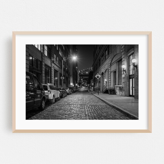 Brooklyn Cobblestone Street Black And White Night Street Photo Poster