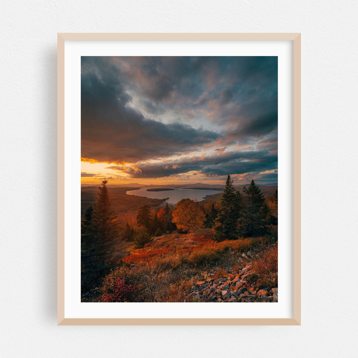 Maine Lake Sunset Dramatic Clouds Autumn Forest Roxbury View Poster