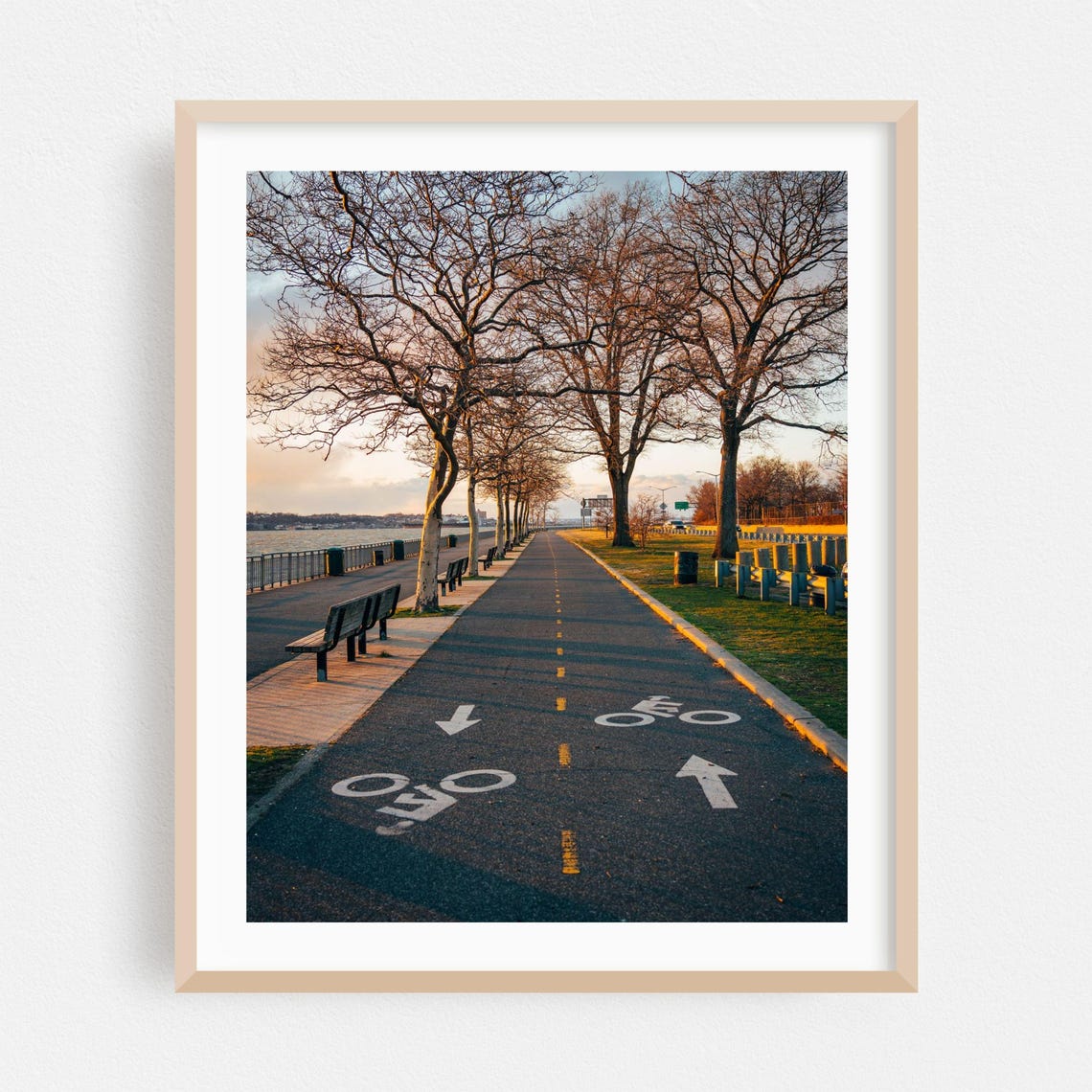 Brooklyn Waterfront Bike Path Lined With Autumn Trees Sunset Poster