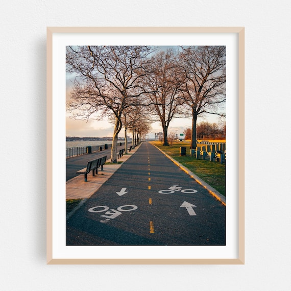 Brooklyn Waterfront Bike Path Lined With Autumn Trees Sunset Poster