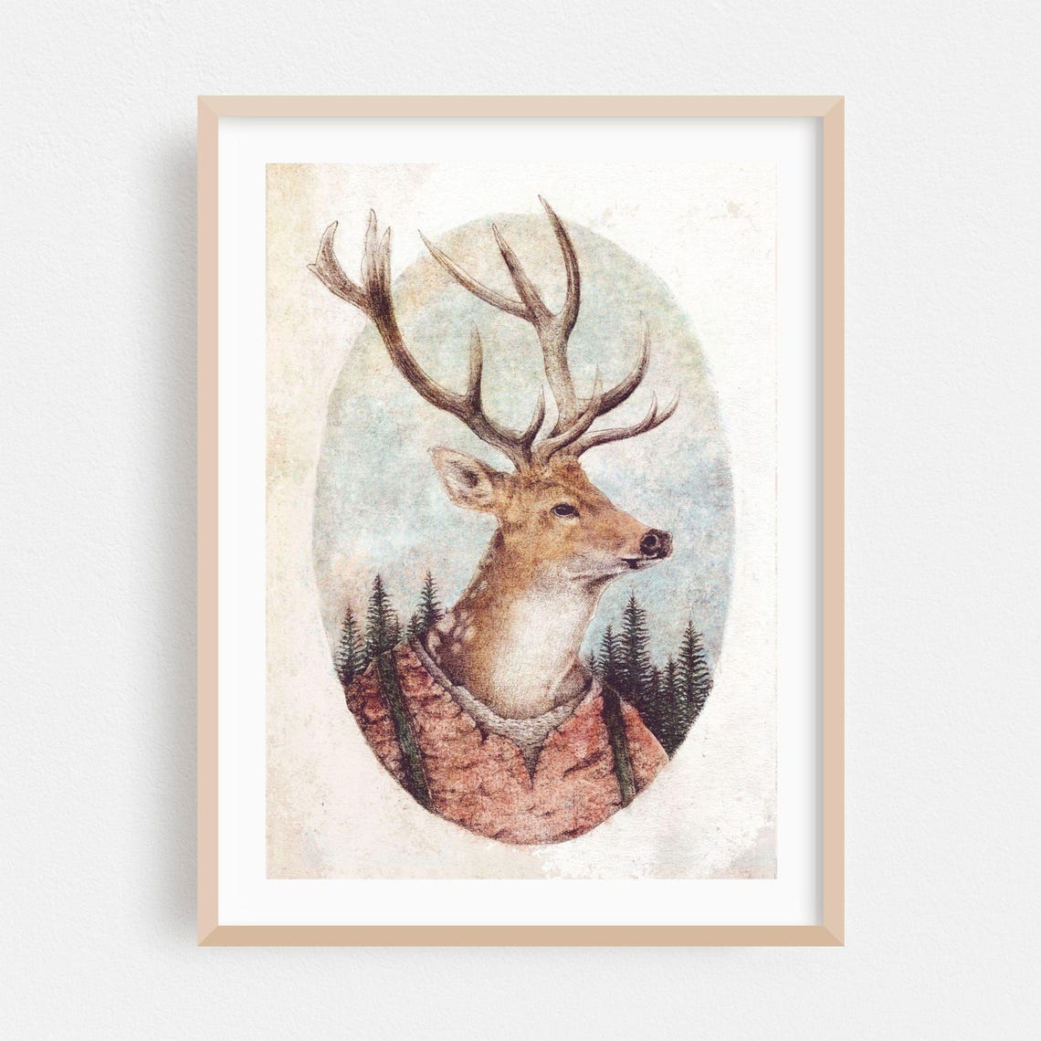 Dapper Stag Antlers Quilted Jacket Vintage Wildlife Portrait Poster