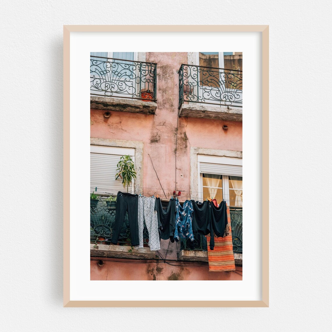 Lisbon Portugal Laundry Balconies Pink Facade Street Photo Poster