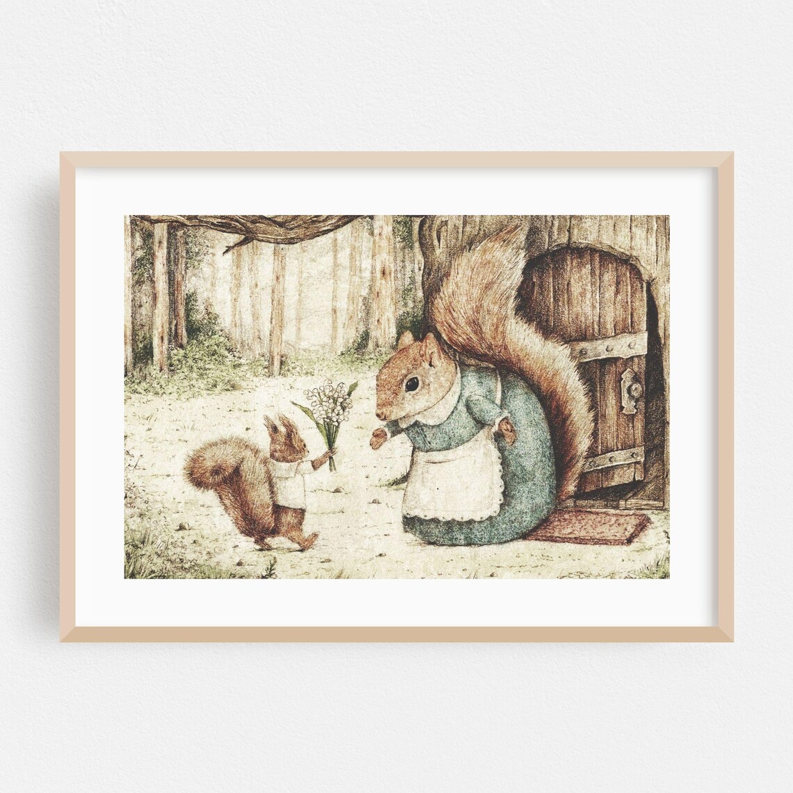 Mother and Baby Squirrel with Flowers Woodland Illustration Poster