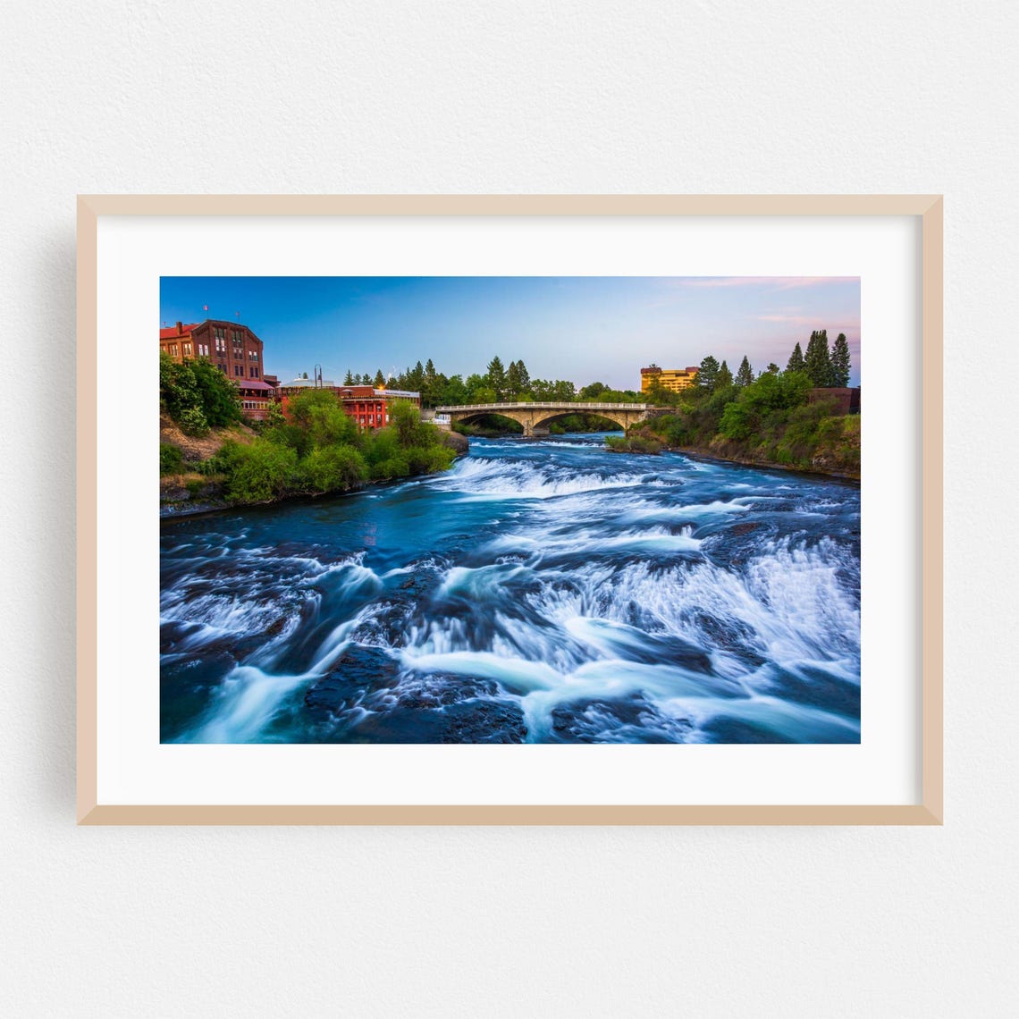 City River Rapids at Dusk with Arched Bridge Lights Photo Poster