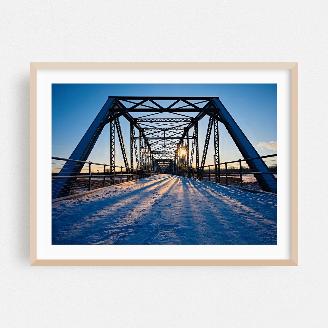 Snowy Steel Truss Bridge Sunset Winter Industrial Photography Poster
