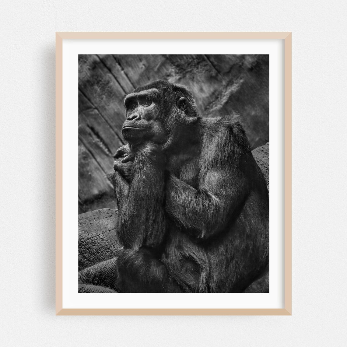 Thoughtful Gorilla Black and White Wildlife Portrait Art Poster