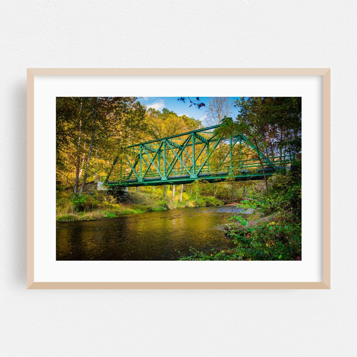 Maryland Green Iron Truss Bridge River Autumn Forest Photo Poster