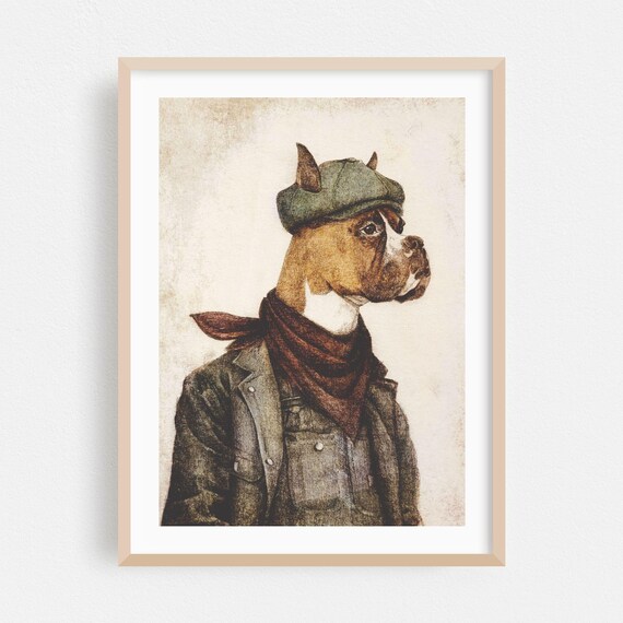 Hard Worker Boxer Dog Flat Cap Scarf Vintage Portrait Poster