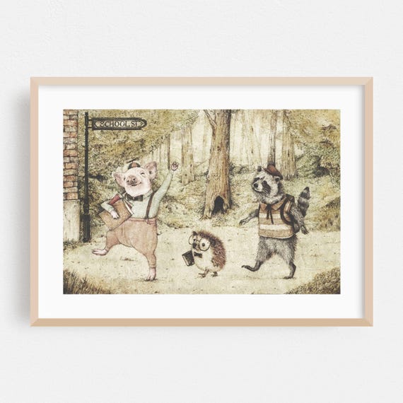 Forest Print Vintage Wall Art Surrealism Framed Humor Home Decor Fantasy Poster Rustic Fine Drawing First Day In School