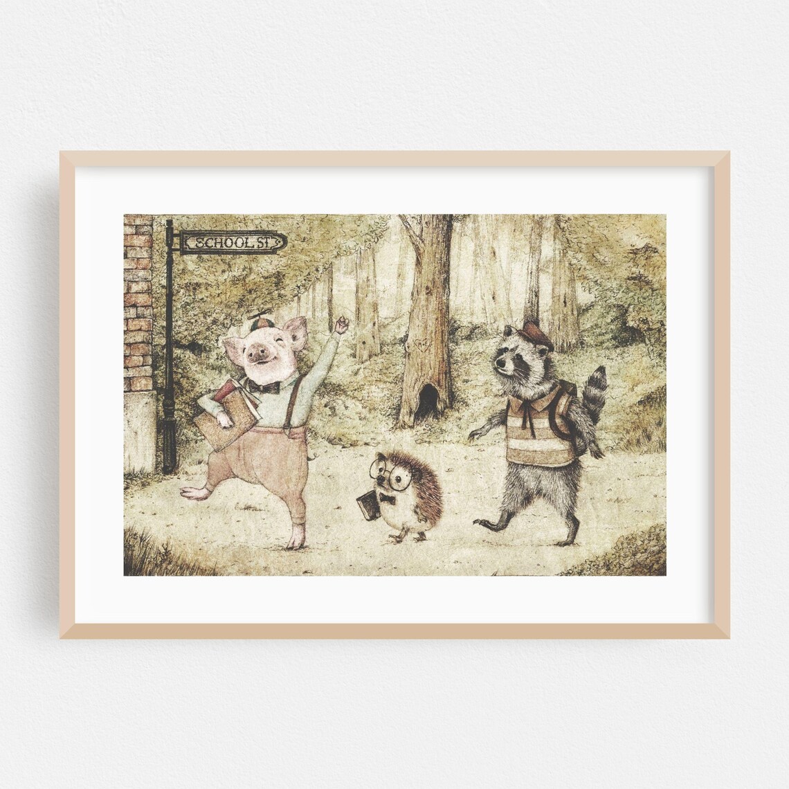 First Day of School Woodland Animals Vintage Illustration Poster