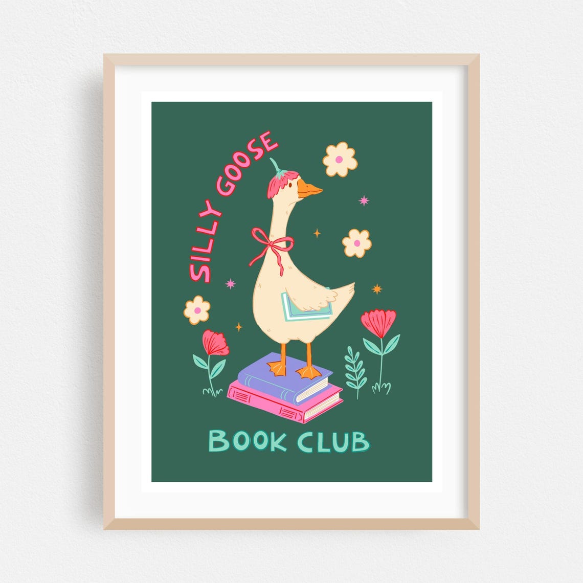Silly Goose Book Club Funny Goose Standing on Books Humor Poster
