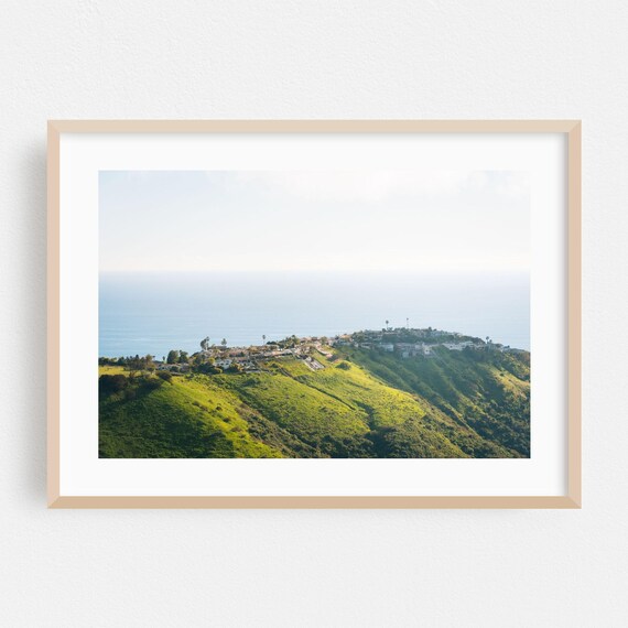 Sunlit Coastal Hillside Town Above the Ocean Scenic Photo Poster